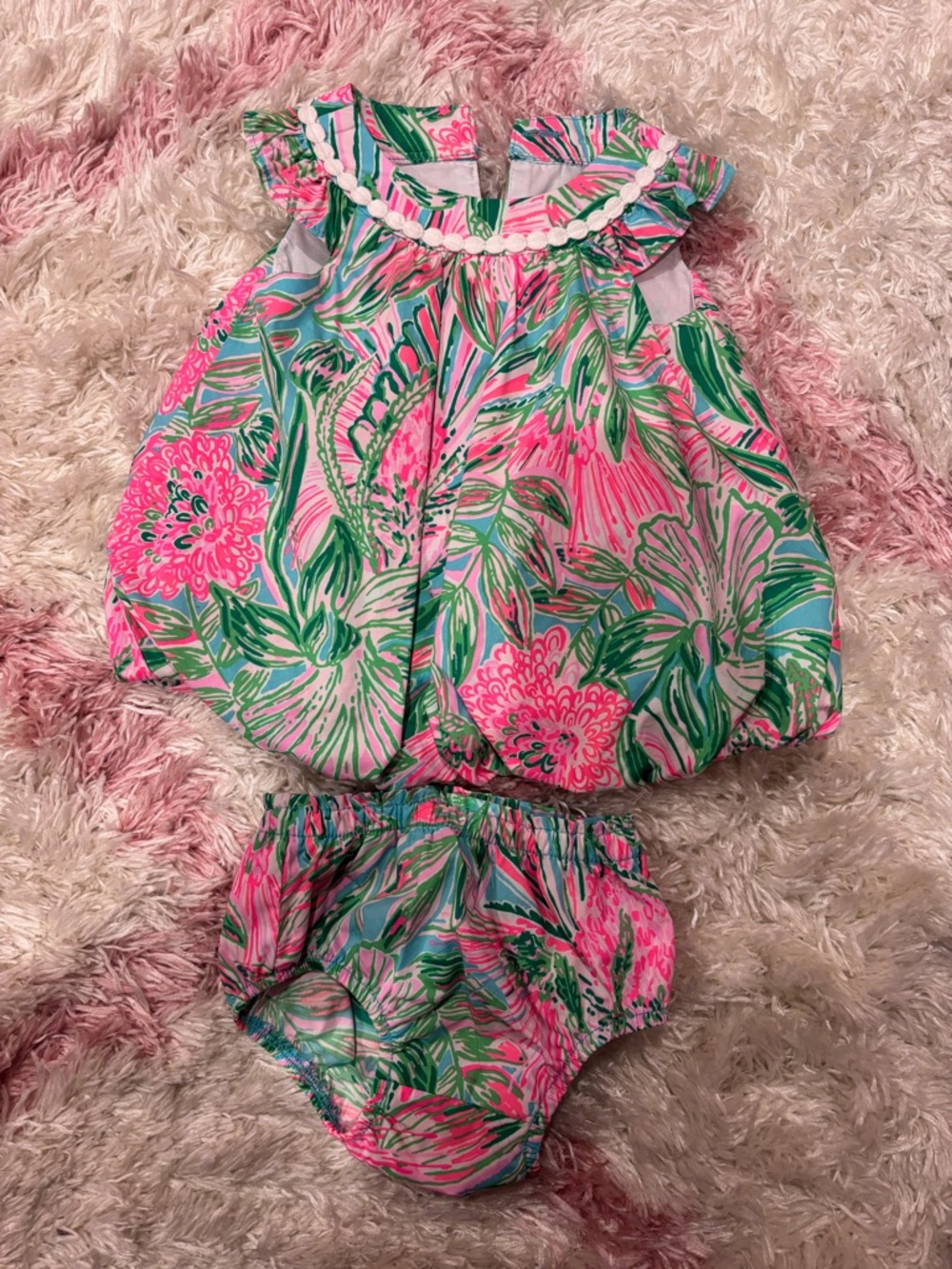 Lily Pulitzer Tropical Print Baby Bubble Romper Set in Pink & Green